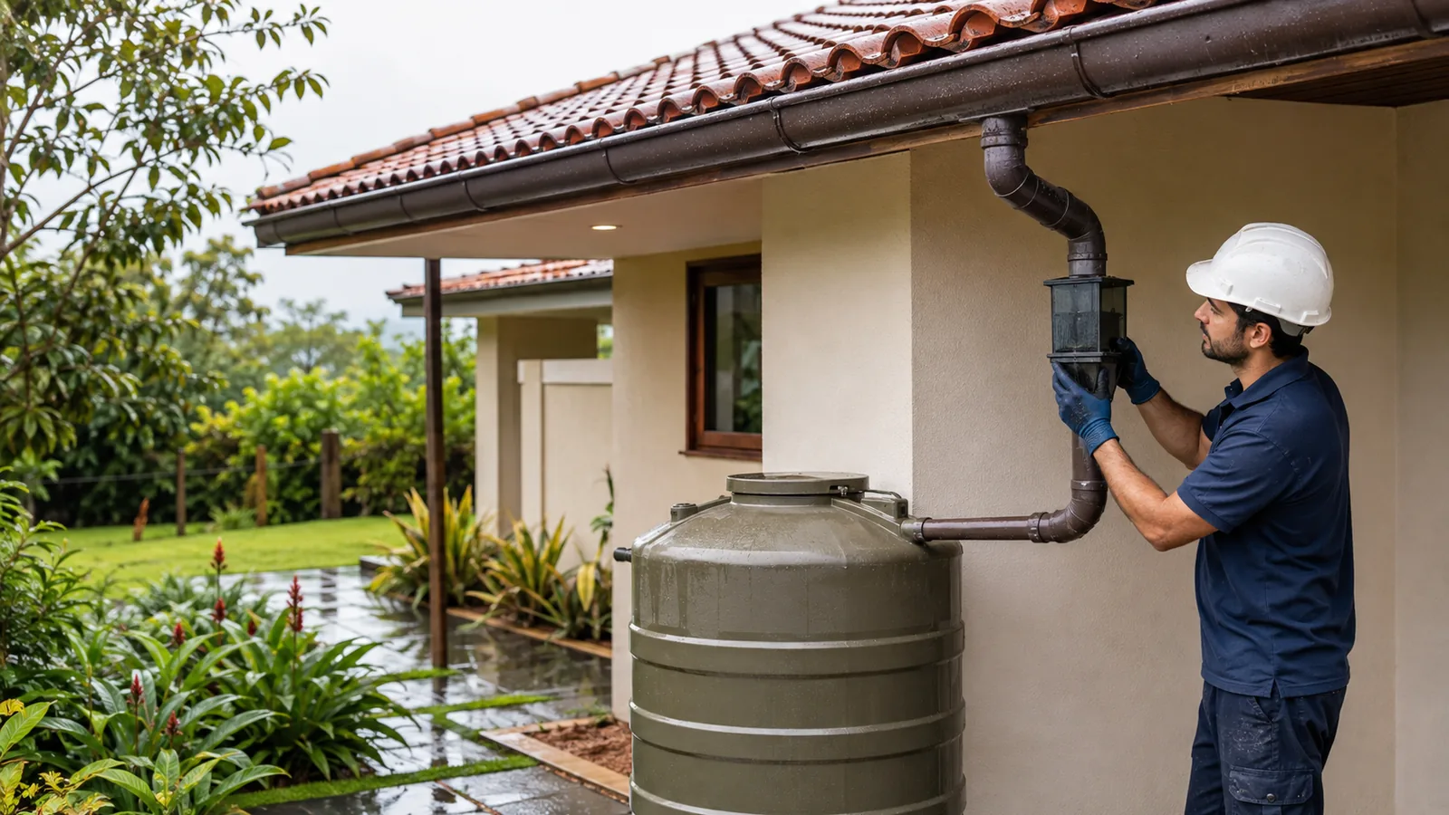 Instalador verificando filtro e reservatório de captação de água da chuva