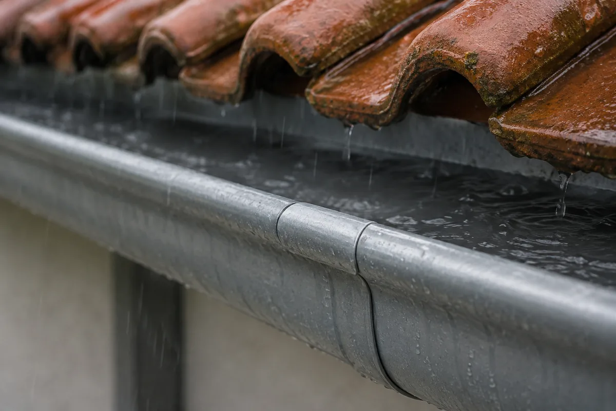 Calha reparada conduzindo água da chuva sem vazamentos