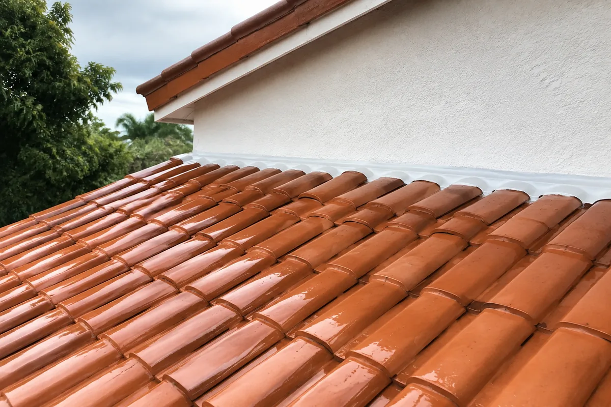 Telhado cerâmico reparado com rufo novo após correção de infiltração