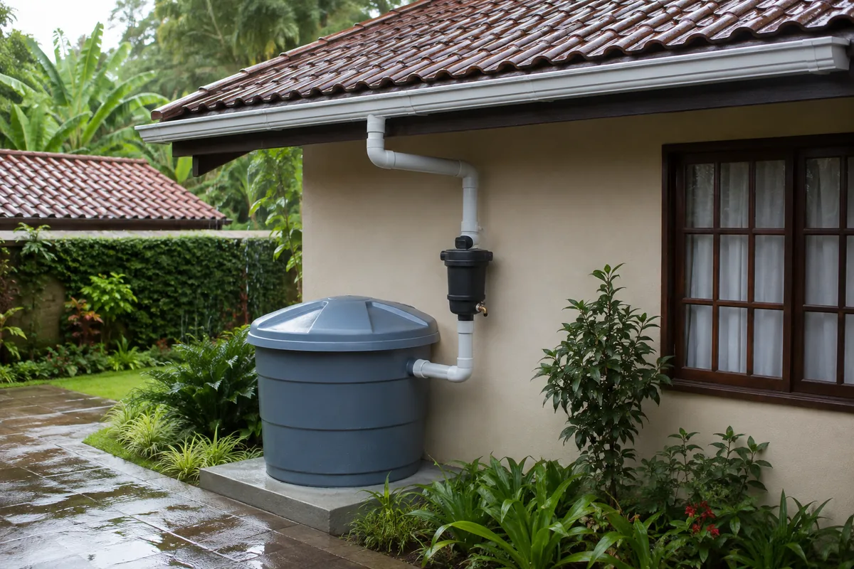 Calha conectada a reservatório para captar água da chuva