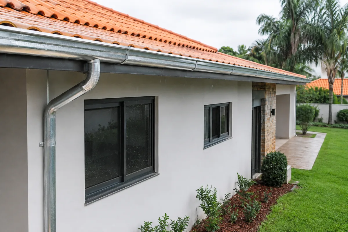 Calha galvanizada instalada em telhado residencial com condutor em Sorocaba