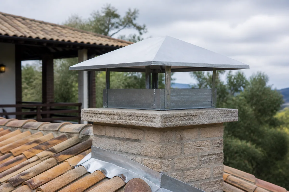 Chapéu galvanizado instalado em chaminé de alvenaria