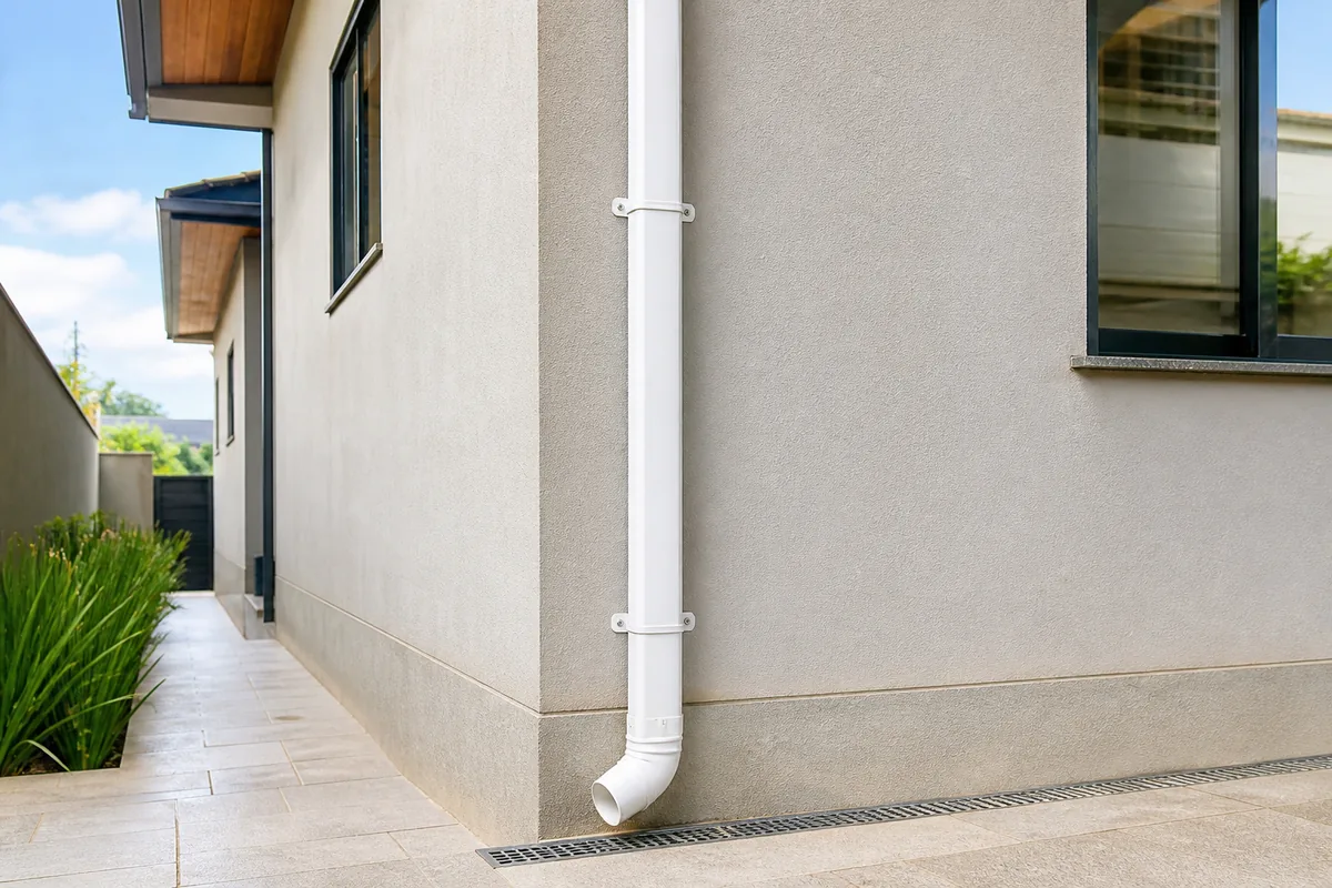 Condutor pluvial branco instalado e fixado em fachada residencial