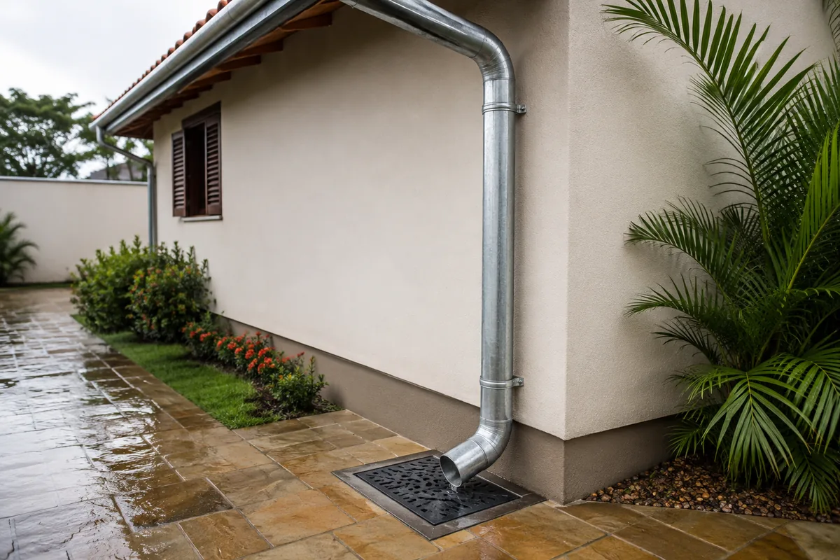 Condutor galvanizado conectado da calha ao ponto de drenagem